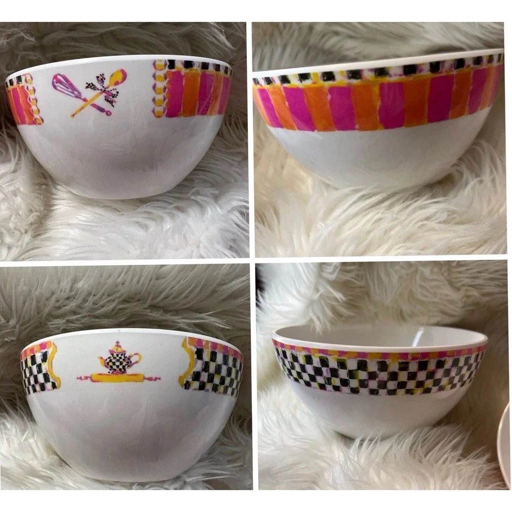 MacKenzie-Childs Melamine Nesting Bowls Courtly Check Pink Orange Set of 2